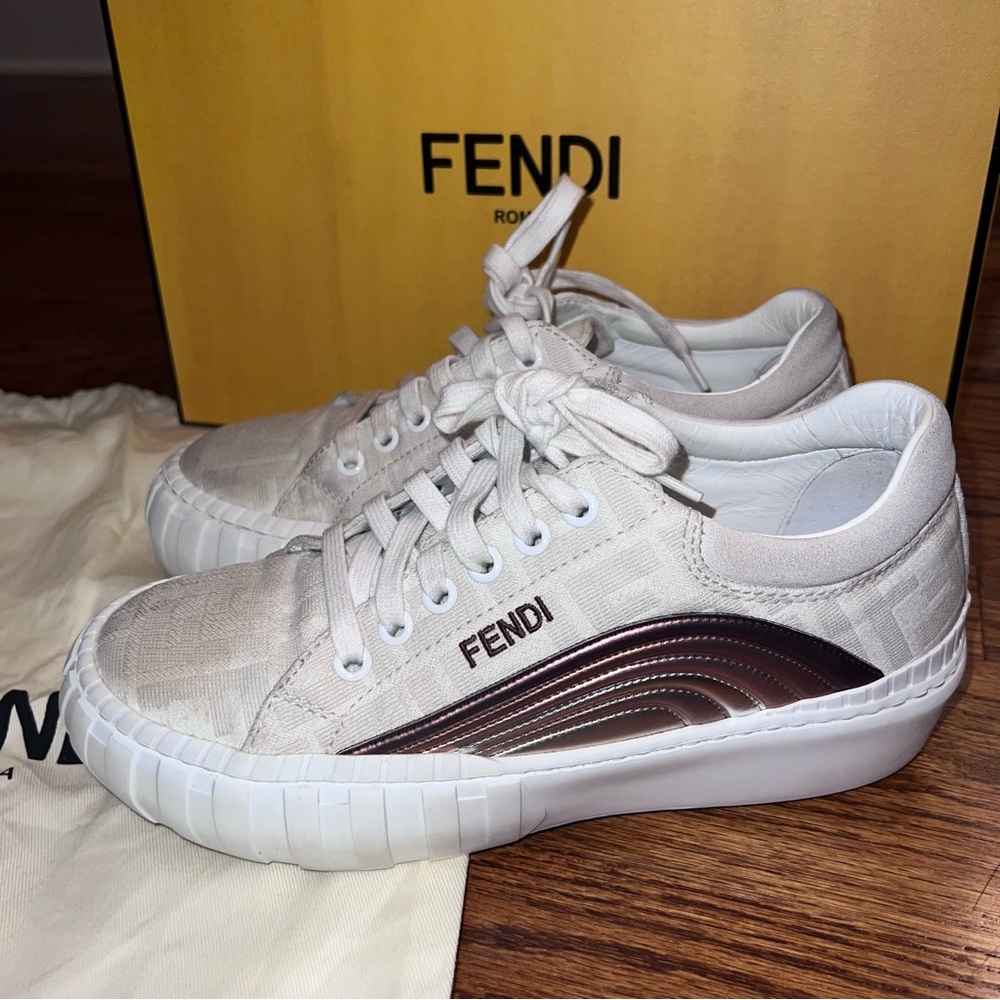Fendi FF Logo Printed Jacquard Cotton Rainbow Flat Low Top Sneakers Shoes